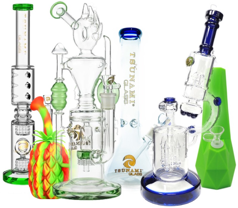 Glass pipes and bongs set up together